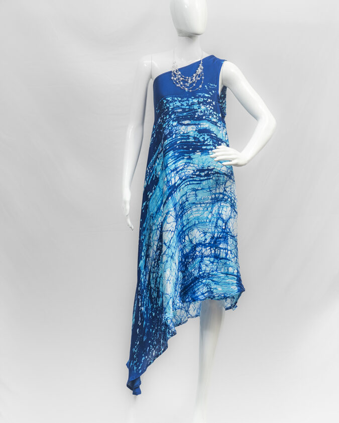 Silk batik one shoulder dress with beautiful shades of blue