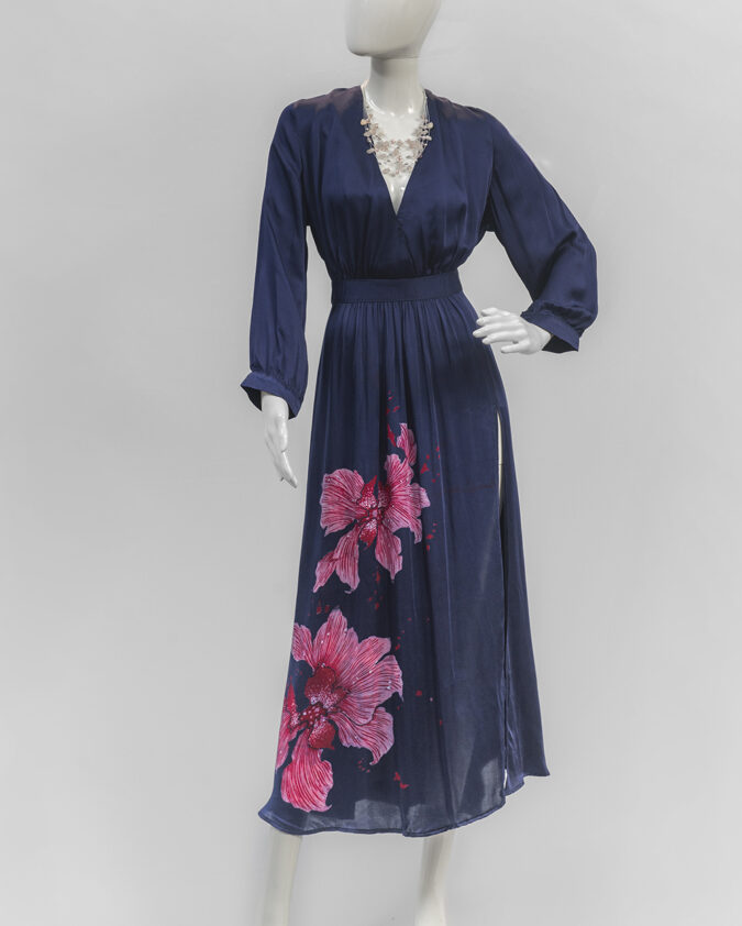 Silk batik dress in dark navy blue