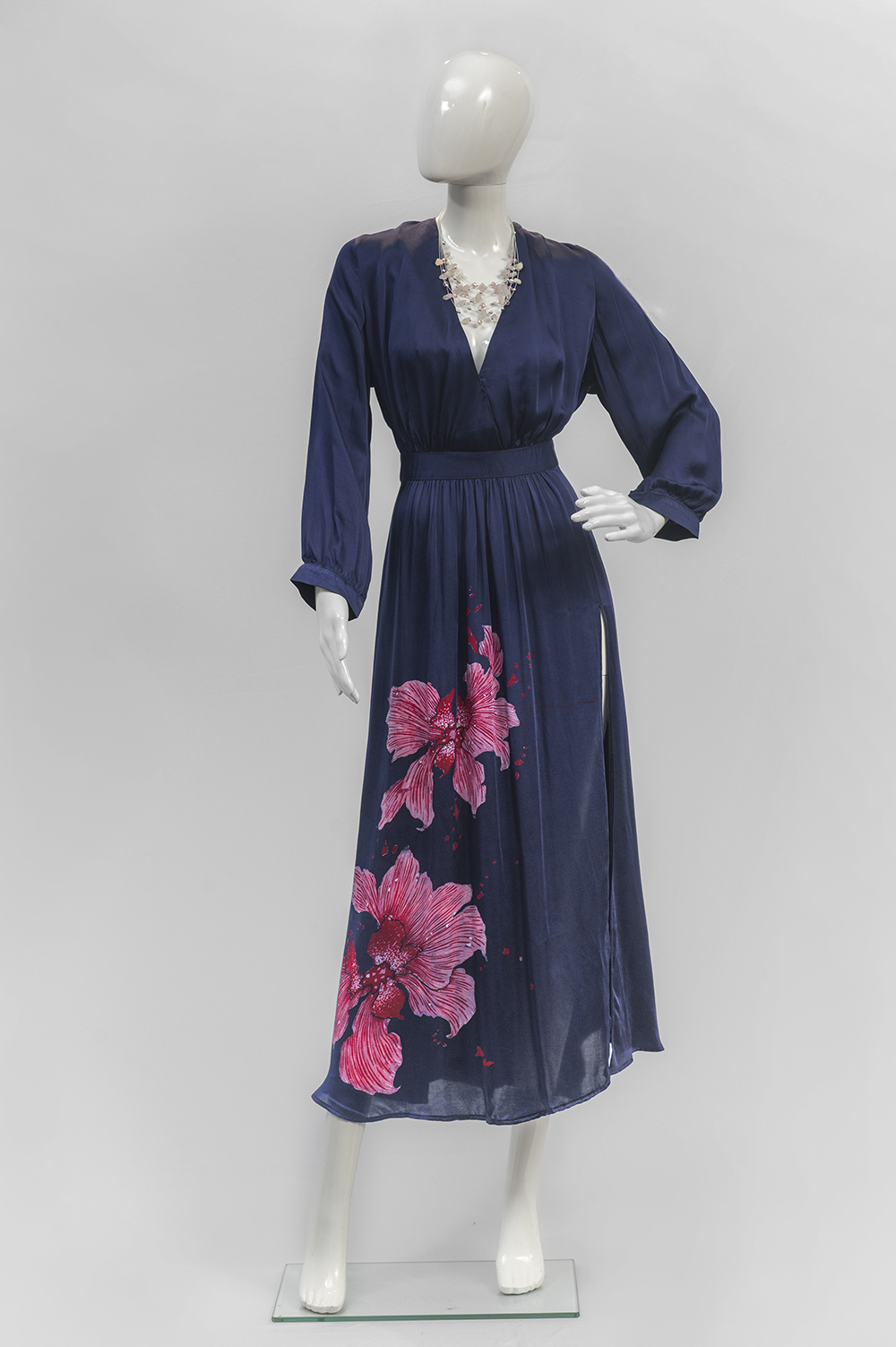 Silk batik dress in dark navy blue